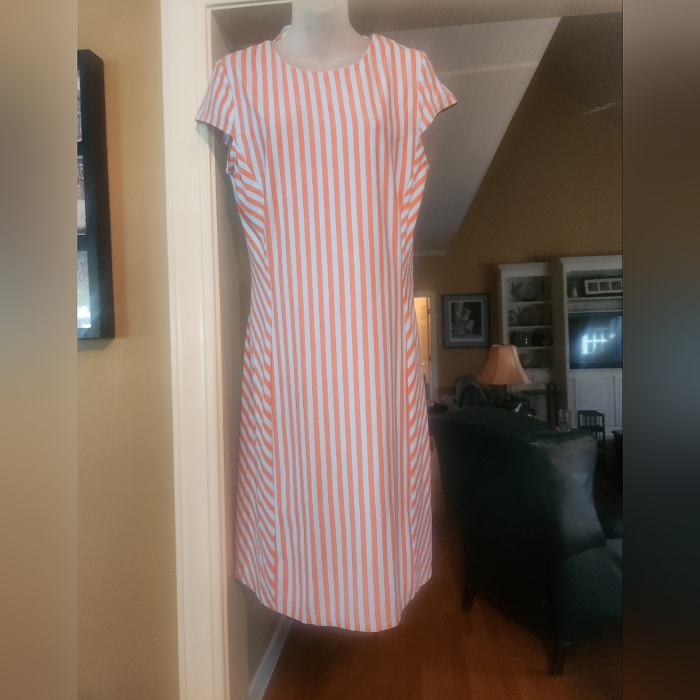 J McLaughlin Light Blue And Orange Striped Dress In Catalina Fabric; Sz Med